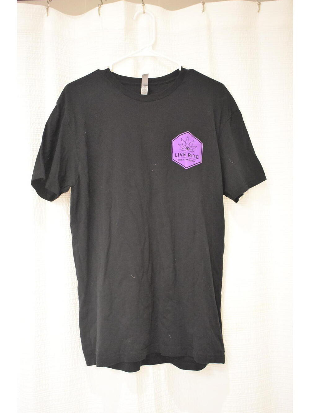 Next Level Apparel Black T-Shirt with Purple Live Rite Logo and Text, Size Large